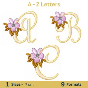 May include: Embroidered A, B, and C letters with floral accents. The letters are a light cream color with gold stitching and are adorned with pink and gold flowers. The image includes the text "A - Z Letters".