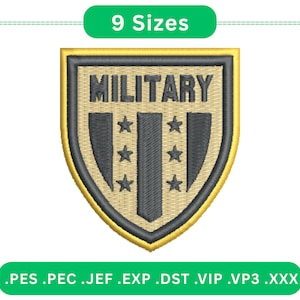 MILITARY&quot; Emblem Embroidery Design, Patriotic Army-Inspired Patch, Includes 9 Sizes for Machine Embroidery.