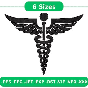 Caduceus Embroidery Design - Traditional Medical Symbol with Snakes and Wings Instant Download - 6 Sizes