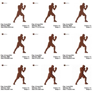 Puede incluir: Dise&ntilde;os de bordado marr&oacute;n de un boxeador en varios tama&ntilde;os, de 2,5 cm a 12,7 cm. Cada dise&ntilde;o muestra a un boxeador en posici&oacute;n de combate, con medidas en mil&iacute;metros.