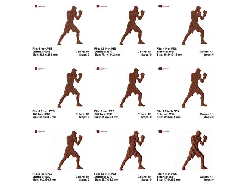 Puede incluir: Dise&ntilde;os de bordado marr&oacute;n de un boxeador en varios tama&ntilde;os, de 2,5 cm a 12,7 cm. Cada dise&ntilde;o muestra a un boxeador en posici&oacute;n de combate, con medidas en mil&iacute;metros.