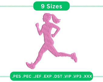 Diseño de bordado de niña corriendo, silueta de mujer corredora, descarga digital de deporte activo, fitness juvenil, varios tamaños, bordado a máquina.