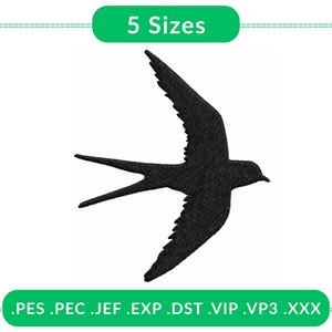 May include: A black silhouette of a swallow in flight, with detailed wing and tail feathers. The image includes the text "5 Sizes" in a green oval and file type extensions at the bottom.