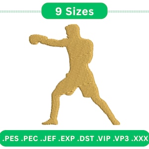 Puede incluir: Silueta bordada de color dorado de un boxeador en posición de combate. La imagen incluye una pancarta verde con el texto "9 Tallas" y una segunda pancarta verde con extensiones de tipo de archivo. El boxeador está en pleno golpe.