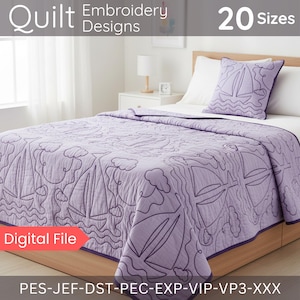 Pode incluir: Um conjunto de edredom e almofada lavanda com desenhos de veleiros bordados. O edredom apresenta um padrão repetido de veleiros e nuvens. O conjunto inclui uma almofada a condizer. As palavras "Quilt Embroidery Designs" e "20 Sizes" são visíveis.