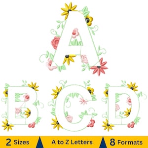May include: White embroidered floral letters A, B, C, and D, each adorned with yellow, pink, and red flowers and green leaves. The image also includes text that reads "2 Sizes", "A to Z Letters", and "8 Formats".