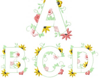 Floral Alphabet Embroidery Design A to Z, Flower Monogram Letters Machine Embroidery – 2 Sizes
