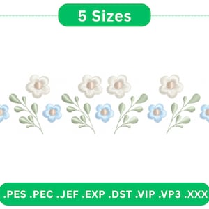 Puede incluir: Diseño floral bordado con flores blancas y celeste y hojas verdes. La imagen incluye el texto "5 Sizes" y las extensiones de tipo de archivo .PES .PEC .JEF .EXP .DST .VIP .VP3 .XXX.