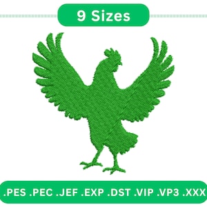 Könnte beinhalten: Grünes gesticktes Hühnerdesign mit ausgebreiteten Flügeln. Das Bild enthält den Text "9 Größen" in einem grünen, abgerundeten Rechteck. Darunter zeigt das Bild die Dateitypen: .PES .PEC .JEF .EXP .DST .VIP .VP3 .XXX.