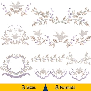 May include: A selection of embroidery designs showcasing origami birds, leaves, and berries in gentle beige, lavender, and grey hues. The designs include wreaths, borders, and decorative elements, with the text "3 Sizes" and "8 Formats" at the bottom.