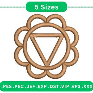 May include: A tan-colored embroidery design featuring a circular shape with a triangle inside a circle, surrounded by petal-like shapes. The text "5 Sizes" is above the design, and file type extensions are listed below.