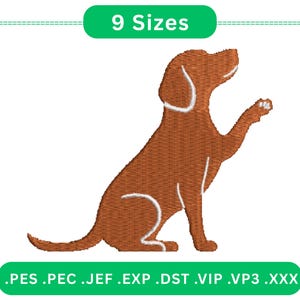 May include: Brown dog embroidery design with white accents, sitting and raising a paw. The image includes the text "9 Sizes" in a green rounded rectangle, and file type extensions at the bottom.