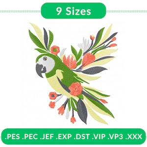 Botanical Parrot Embroidery Design | Tropical Bird Machine Embroidery | 9 Sizes | Jungle Floral Instant Download