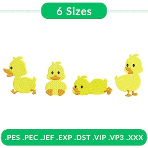 May include: A digital embroidery design featuring four yellow ducklings in various poses. The ducks have orange beaks and black eyes. The image includes the text "6 Sizes" and file type extensions.