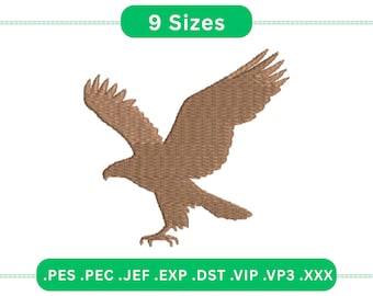 Diseño de bordado de águila voladora majestuosa, silueta de ave rapaz poderosa, incluye 9 tamaños para bordado a máquina.