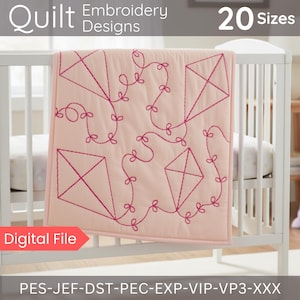 Puede incluir: Un edredón rosa claro con diseños de cometas bordados en rosa oscuro, colocado sobre una cuna blanca. Se ven las palabras "Quilt Embroidery Designs" y "20 Sizes". También está presente el texto "Digital File".