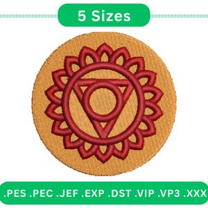 May include: Embroidered patch featuring a red chakra symbol on a tan circular background. The design includes a central triangle within a circle, surrounded by petal-like shapes. The text "5 Sizes" is above the design, and file type extensions are below.