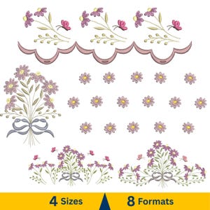May include: An embroidery design set featuring floral and butterfly motifs in shades of purple, pink, and yellow. The set includes various floral arrangements, individual flowers, and a scalloped border. The text at the bottom indicates "4 Sizes" and "8 Formats".