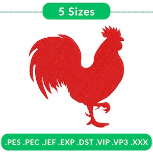 May include: A red rooster embroidery design. The image includes the text "5 Sizes" in a green rounded rectangle. Below, the image includes the text ".PES .PEC .JEF .EXP .DST .VIP .VP3 .XXX" in a green rounded rectangle.