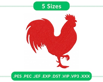 May include: A red rooster embroidery design. The image includes the text "5 Sizes" in a green rounded rectangle. Below, the image includes the text ".PES .PEC .JEF .EXP .DST .VIP .VP3 .XXX" in a green rounded rectangle.