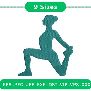 May include: Teal-colored embroidery design of a person in a yoga pose. The design is a silhouette of a person in a lunge, with one leg bent forward and the other extended back. The text "9 Sizes" is above the design, and file type extensions are below.