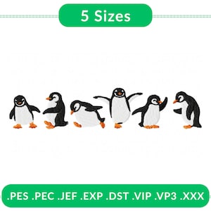 May include: Embroidered penguin designs in various poses, with black and white bodies and orange feet. The image includes the text "5 Sizes" and file type extensions.