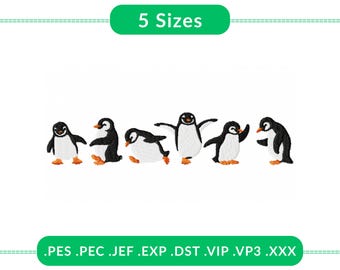 Lindo juego de diseño de bordado de pingüinos, cinco adorables motivos de aves antárticas, incluye 5 tamaños para bordar a máquina, descarga instantánea