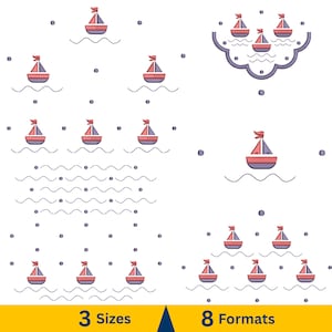 May include: A white background features a pattern of small sailboats with red and purple sails and flags, sailing on blue waves. The image also includes the text "3 Sizes" and "8 Formats" in a yellow and blue banner.