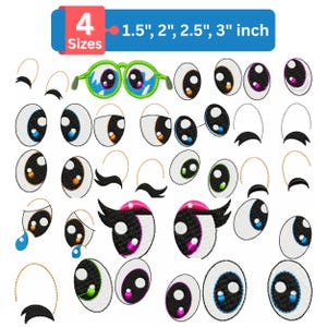 Peut inclure: Collection de motifs de broderie d'yeux de différents styles et tailles, dont des options de 3,8 cm, 5,1 cm, 6,4 cm et 7,6 cm. Les yeux présentent des pupilles noires, des sclérotiques blanches et des accents colorés.
