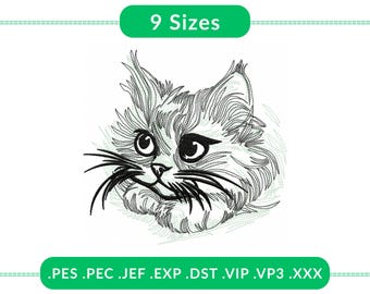 Cute Fluffy Cat Face Embroidery Design | Sketch Style Kitty Machine Embroidery Pattern in 9 Sizes | Digital Instant Download