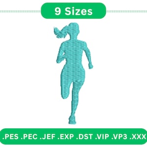 May include: A teal-colored embroidery design of a running figure. The image includes the text "9 Sizes" in a green rounded rectangle at the top and file type extensions at the bottom. The running figure is a silhouette of a person with their hair in a ponytail.