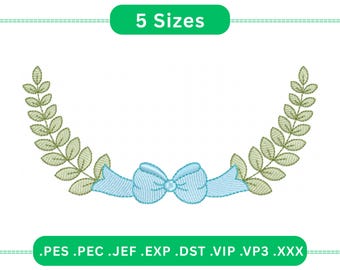 Laurel Wreath with Bow Embroidery Design | Elegant Crest Frame Machine Embroidery Pattern | Digital Download – 5 Sizes