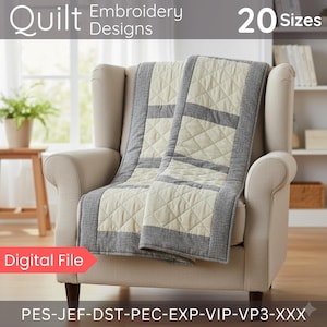 May include: A cream-colored quilt with gray borders and accents is draped over a beige armchair. The quilt features a diamond pattern and the words "Quilt Embroidery Designs" and "20 Sizes". The words "Digital File" are also visible.