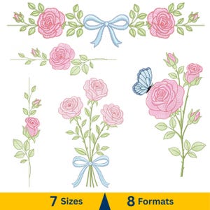 May include: A collection of embroidered floral designs featuring pink roses, green leaves, and blue bows. A blue butterfly rests on one rose. The image includes the text "7 Sizes" and "8 Formats" in a yellow banner.