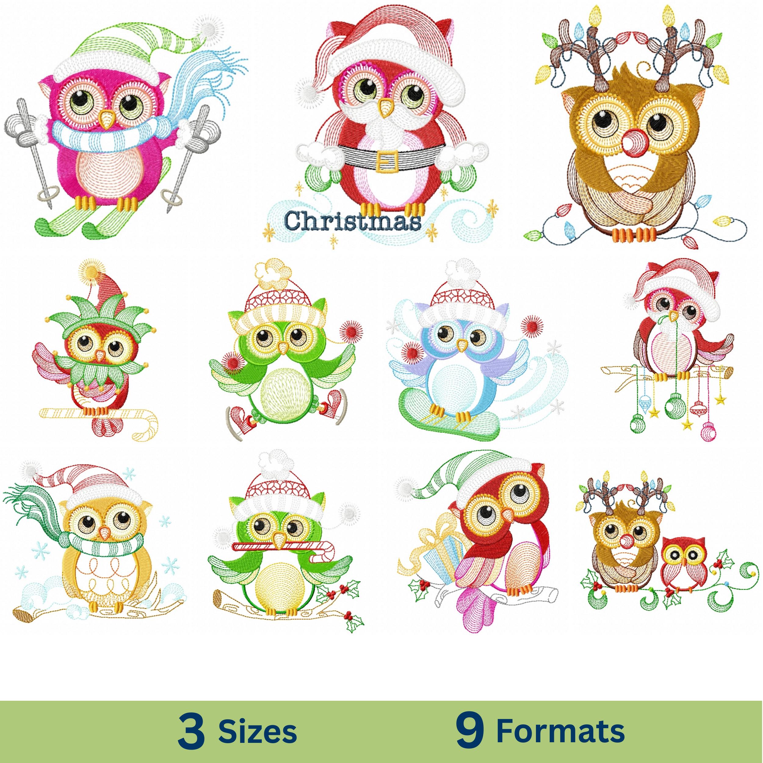 Christmas Owl Embroidery Design Set, Winter Owls Machine Embroidery - 3 Sizes