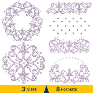 Peut inclure: Plusieurs motifs de broderie violets clairs, comprenant des motifs circulaires, des bordures et des carrés. Les motifs présentent des volutes ornées, des éléments floraux et des accents de points. Le texte "3 Tailles" et "8 Formats" est affiché.