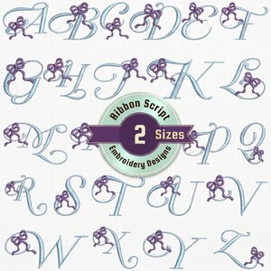 May include: An embroidery alphabet set featuring light blue script letters accented with purple bows. A central circular badge displays the text Ribbon Script 2 Sizes Embroidery Designs. The letters A through Z are arranged in a grid pattern.