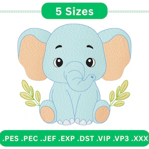 May include: Embroidered design of a light blue elephant with large ears and a trunk. The elephant is sitting with a sprig of leaves on either side. The text "5 Sizes" is above the elephant. Below the elephant are file type extensions.