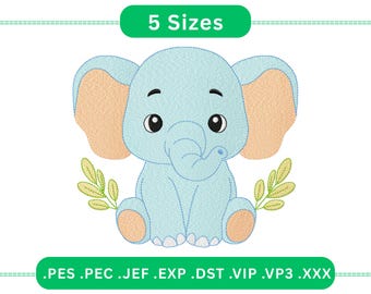 Baby Elephant Embroidery Design - 5 Sizes | Cute Elephant Applique Machine Embroidery File | Nursery Decor and Baby Gifts