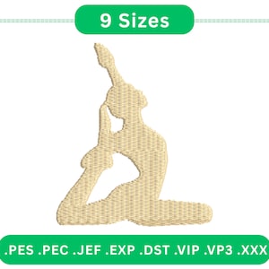 May include: A tan-colored embroidery design of a person in a yoga pose. The image includes the text "9 Sizes" in a green rounded rectangle. Below the yoga figure are file type extensions.