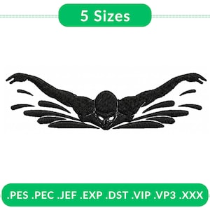 Może przedstawiać: Czarny haftowany wzór pływaka stylem dowolnym. Obraz zawiera tekst "5 Rozmiarów" w zielonym, zaokrąglonym prostokącie. Poniżej obraz pokazuje typy plików: .PES .PEC .JEF .EXP .DST .VIP .VP3 .XXX.