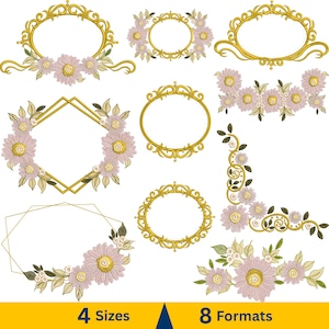 Może przedstawiać: Kolekcja złotych ramek i kompozycji kwiatowych. Ramki mają różne kształty, w tym owalne, prostokątne i geometryczne, i są ozdobione skomplikowanymi zawijasami. Elementy kwiatowe przedstawiają różowe kwiaty i zielone liście. Tekst na dole brzmi "4 Rozmiary" i "8 Formatów."