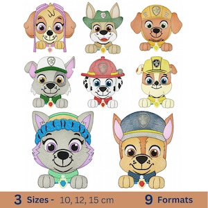 Peut inclure: Écussons brodés représentant des personnages de chiens de dessin animé portant divers uniformes et chapeaux. Les écussons comprennent des personnages avec des chapeaux, des casques et des uniformes dans des tons de marron, de vert, de rouge et de bleu. Le texte en bas indique "3 Tailles - 10, 12, 15 cm" et "9 Formats."