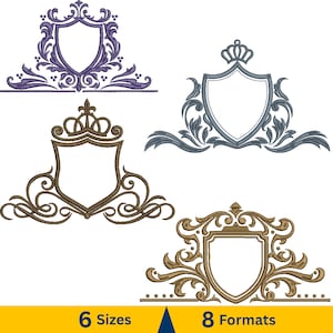 Puede incluir: Cuatro diseños de escudos ornamentados en tonos morado, gris y marrón, cada uno con una corona y adornos decorativos. La imagen incluye el texto "6 Tamaños" y "8 Formatos" en una pancarta amarilla.