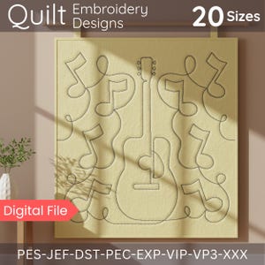 Puede incluir: Un diseño de bordado enmarcado con una guitarra y notas musicales. El diseño está cosido con hilo negro sobre un fondo amarillo claro. Las palabras "Quilt Embroidery Designs" y "20 Sizes" están en la parte superior. Las palabras "Digital File" están en una pancarta roja.