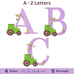 May include: Embroidered lavender letters A, B, and C, each with a green tractor and gold leaf accents. The text "A - Z Letters" is at the top. The bottom text reads "4 Sizes - 10, 13, 14,16 cm 9 Formats".