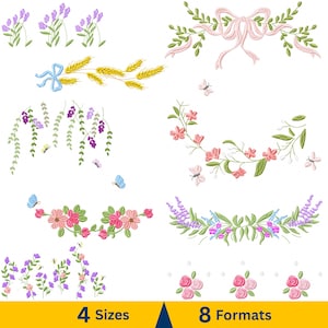 Puede incluir: Una colección de diseños de bordado floral con lavanda, trigo, lazos y mariposas. Los diseños incluyen flores rosas y moradas, hojas verdes y detalles delicados. La imagen también muestra el texto "4 Tamaños" y "8 Formatos".
