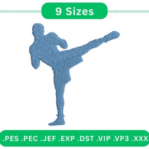 May include: A light blue embroidered silhouette of a person performing a high kick. The image includes the text "9 Sizes" in a green rounded rectangle and file type extensions at the bottom.