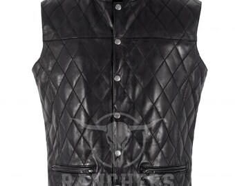 Men's Black Quilted Leather Motorcycle Vest | Genuine Leather Biker Vest | Diamond Quilted Riding Waistcoat | Snap Front Leather Vest