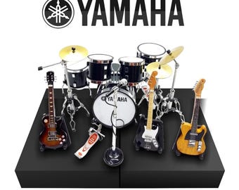 Miniature Drum Set Replica Drum Kit Yamaha with Guitars and Bass Natural Wood Gift Instrument Music Display 1:12